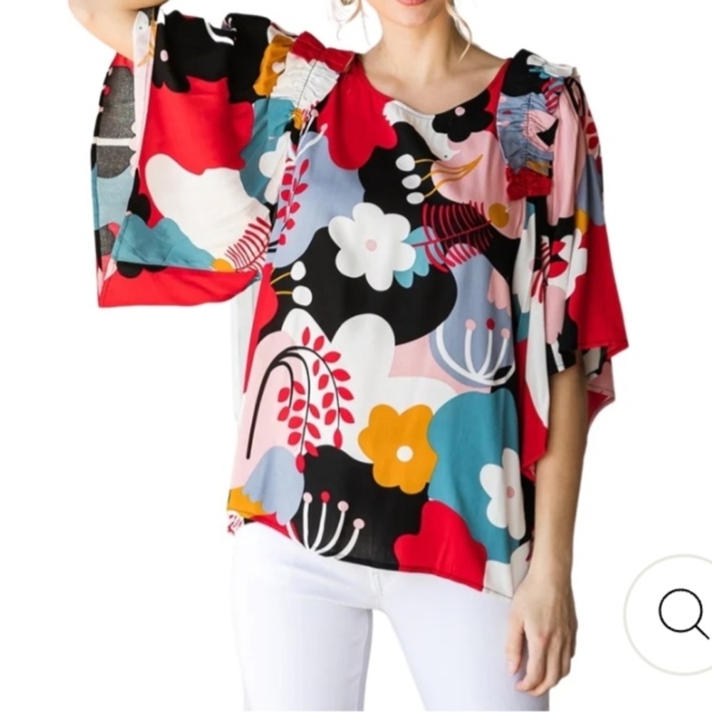 Sz Large JODIFL Oversized Colorful Floral Artsy Flutter 3/4 Bell Sleeve Blouse - Picture 1 of 6